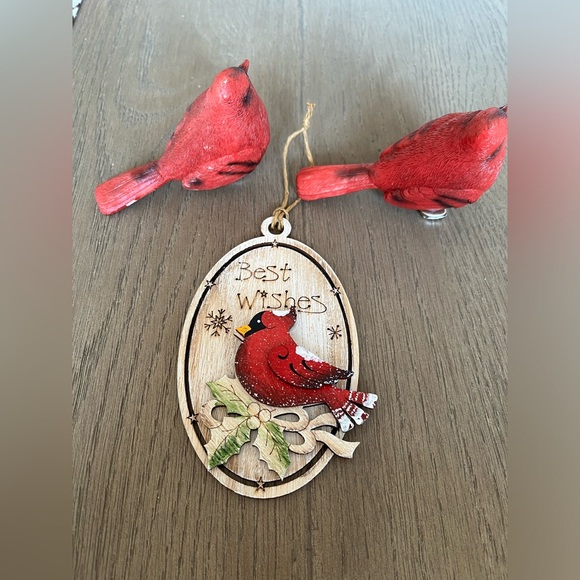 Two Resin Cardinals with Metal Clip and a Wood Holiday Cardinal Ornament - Picture 6 of 14